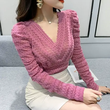 性感镂空蕾丝上衣女装2023新款潮V领洋气打底衫长袖春秋紧身小衫图片