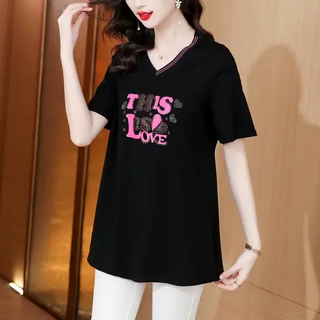 胖mm200斤宽松显瘦气质短袖T恤衫加肥加大码独特别致藏肉遮肚上衣商品大图