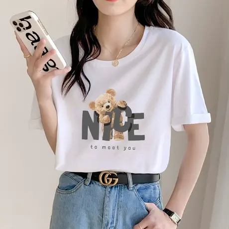 短袖T恤女夏装ins潮2023新款小熊印花上衣宽松圆领显瘦纯棉体恤衫商品大图