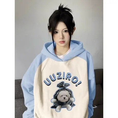 纯棉连帽卫衣女2023新款爆款美式连帽撞色插肩袖春秋季外套ins潮商品大图