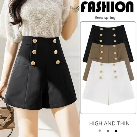 网红同款2022春季新款法式金属双排扣高腰阔腿西装短裤垂感休闲裤图片