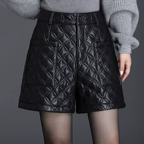 洋气pu皮纹理短裤女2023秋冬新款气质高腰显瘦宽松外穿阔腿靴裤子商品大图