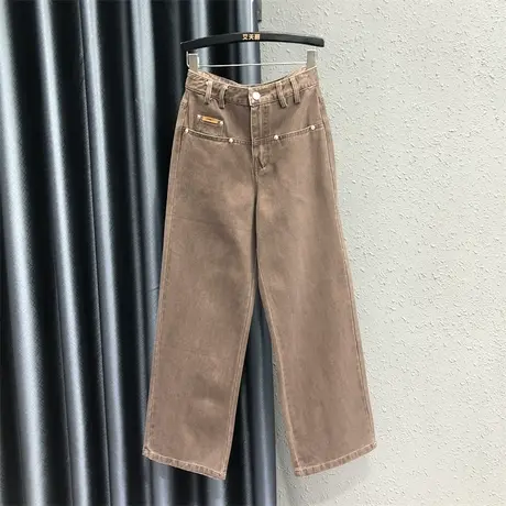 欧货个性贴布休闲牛仔直筒裤女2023秋季新款高腰显瘦阔腿拖地裤潮商品大图