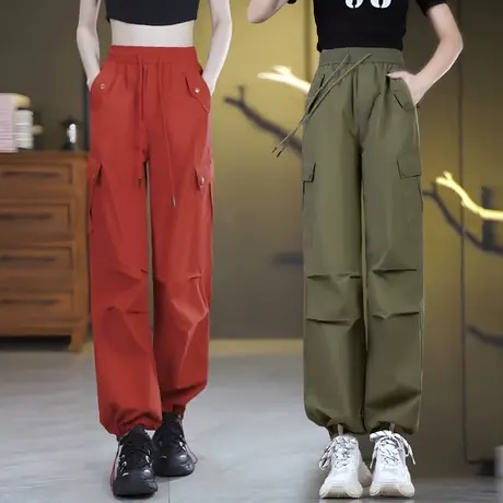 红色哈伦工装裤女2023夏季新款百搭休闲高腰宽松松紧腰束脚运动裤商品大图