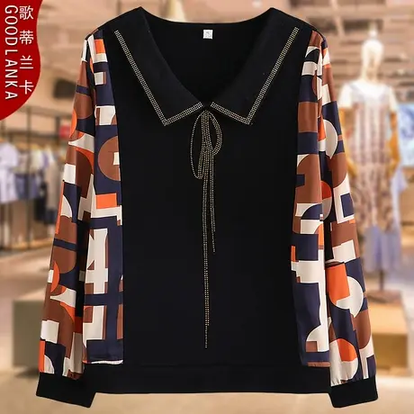 中年妈妈秋装长袖T恤女2022新款宽松遮肚洋气拼色镶钻打底衫上衣商品大图