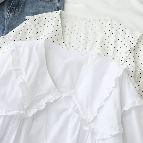 夏装文艺荷叶花边娃娃领五分袖纯棉白衬衫女宽松休闲学生中袖上衣图片