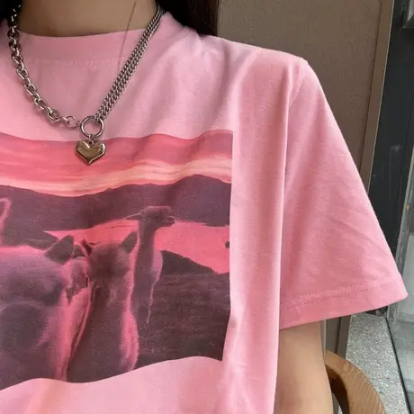 粉色短袖t恤女夏季2023新款宽松韩版ins潮牌日系古着vintage上衣商品大图