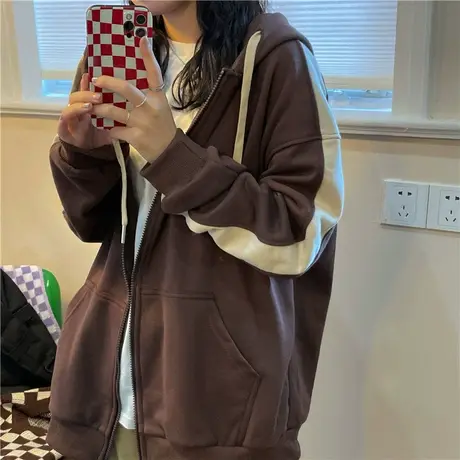 红续港风ins潮春秋新款撞色连帽开衫卫衣外套女上衣慵懒学院宽松图片
