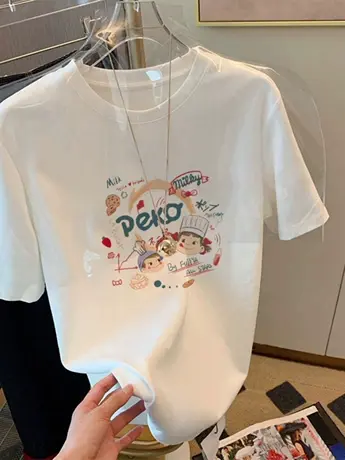 白色仿棉短袖t恤女装2023新款夏季美式复古港味chic高级感上衣服商品大图