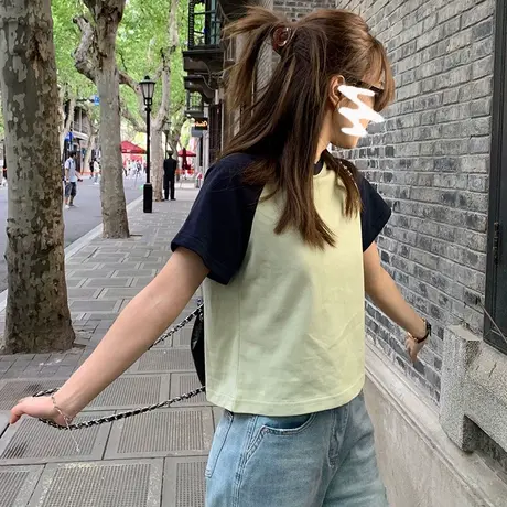 拼色设计感小众T恤插肩短袖女夏装百搭修身显瘦打底衫短款上衣服商品大图