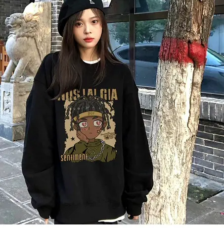 美式复古hiphop加绒加厚卫衣女秋冬宽松慵懒风圆领潮牌情侣装上衣图片