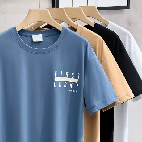 短袖T恤男圆领夏季潮流简约印花纯色半袖白色打底衫潮牌新款男装商品大图