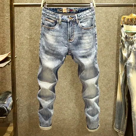 春季潮流时尚牛仔裤男修身小直筒潮牌做旧水洗男士猫须长裤子厚款商品大图