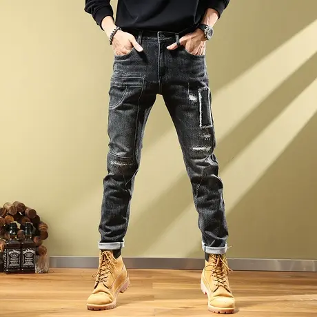 裤子男秋季高端美式拼接牛仔裤男士潮流百搭水洗破洞韩版长裤子男商品大图