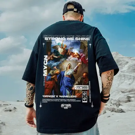 oversize美式潮牌胖子男装大码国潮嘻哈宽松油画短袖T恤半袖夏季商品大图