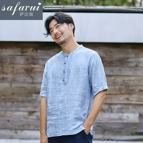 夏季中国风男装亚麻短袖衬衫男立领复古中式盘扣五分半袖棉麻上衣商品大图
