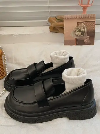 黑色日系小皮鞋女2023新款一脚蹬工作鞋英伦风乐福鞋百搭平底单鞋商品大图