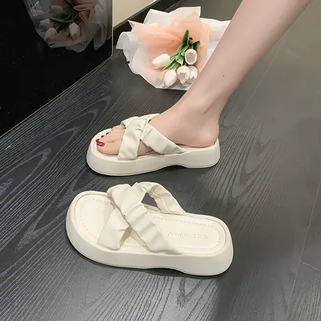 绿色拖鞋女夏外穿仙女风2024新款脚胖宽凉鞋厚底沙滩褶皱交叉凉拖商品大图