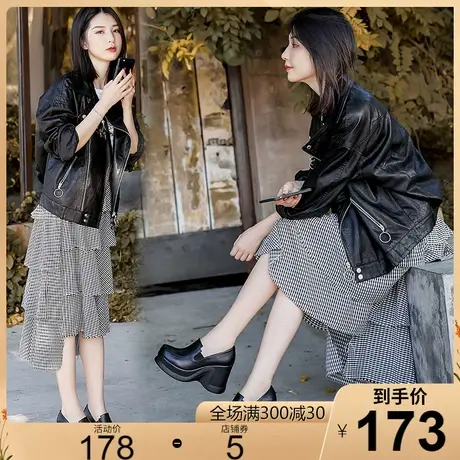 2025春新款真皮深口女单鞋坡跟复古厚底松糕鞋英伦高跟女鞋皮鞋图片