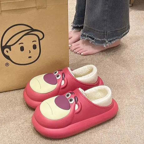 可爱小熊棉拖鞋女冬季室内外穿加绒月子保暖防滑防水厚底包跟棉鞋图片