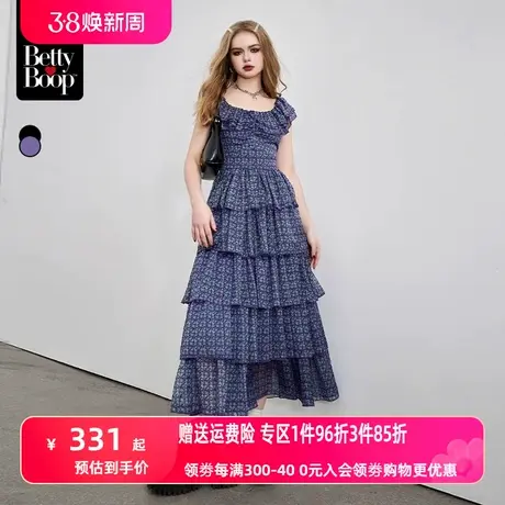 【贝蒂联名】妖精的口袋荷叶边碎花连衣裙女2024春新款收腰蛋糕裙图片