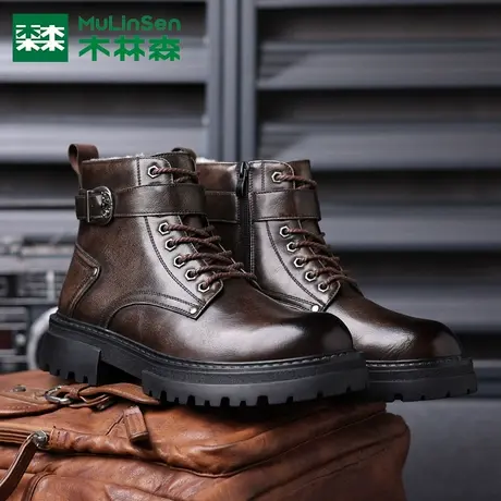 木林森男工装靴真皮纯皮高帮休闲短靴加绒保暖秋冬马丁靴男款拉链商品大图