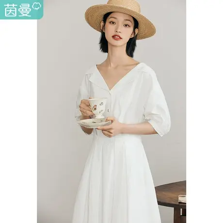茵曼2023夏装新款女法式复古翻领设计泡泡袖气质好搭短袖连衣裙商品大图