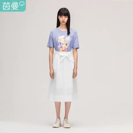 【商场同款】茵曼2023夏装新款水彩画印花时尚短袖T恤女落肩百搭图片