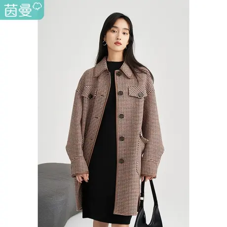 【商场同款】茵曼休闲女2023冬季新款格纹学院风宽松百搭毛呢外套图片