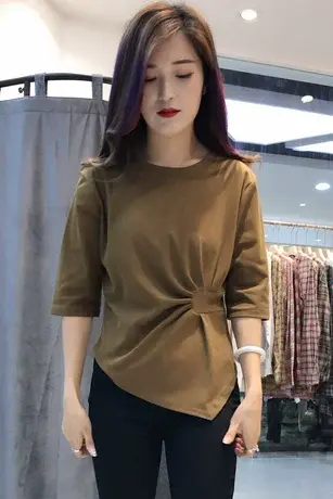 春装2023新款女装上衣修身显瘦圆领中袖小个子内搭T恤气质打底衫商品大图