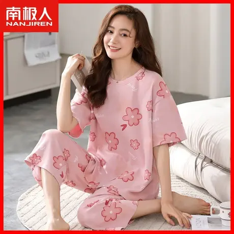 睡衣女秋天纯棉短袖七分裤2023年新款100%全棉家居服套装可外穿NM图片