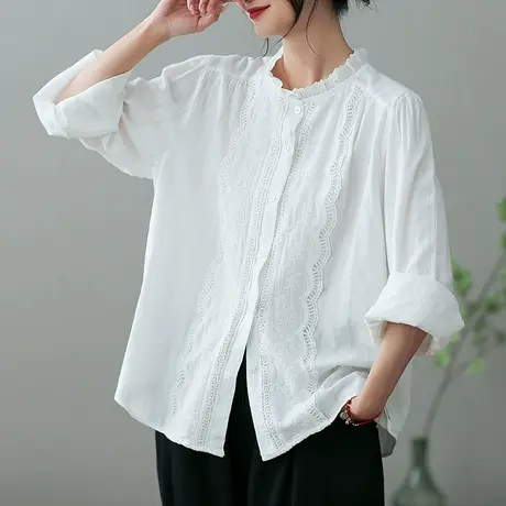 dza 复古白色纯棉衬衫女士2023春夏新款气质漂亮衬衣百搭开衫上衣图片