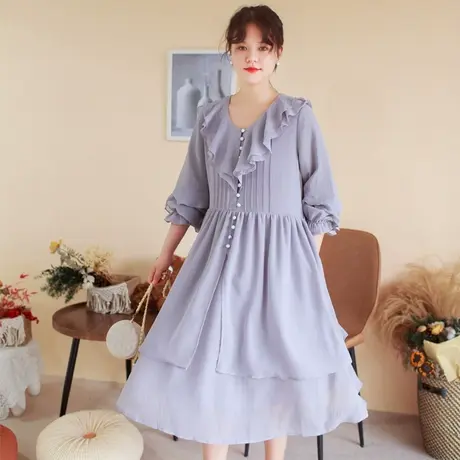 胖妹妹秋季2023法式荷叶设计飘逸连衣裙 大码微胖长袖宫廷风长裙商品大图