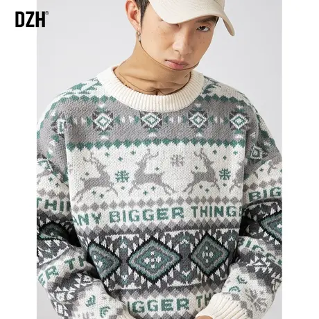 男士圆领毛衣男民族风提花针织衫男款秋冬2023新款慵懒情侣装外套商品大图