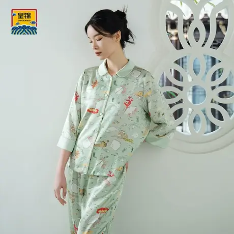 爱慕皇锦真丝睡衣女士春夏七分袖圆领分身套装-海错图HJ21530图片