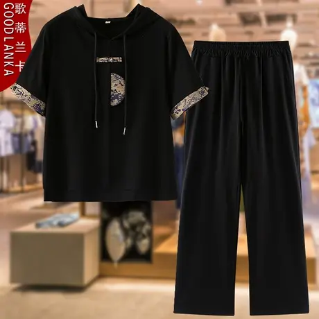 中年妈妈夏装短袖国风运动套装大码宽松洋气中老年连帽休闲两件套图片