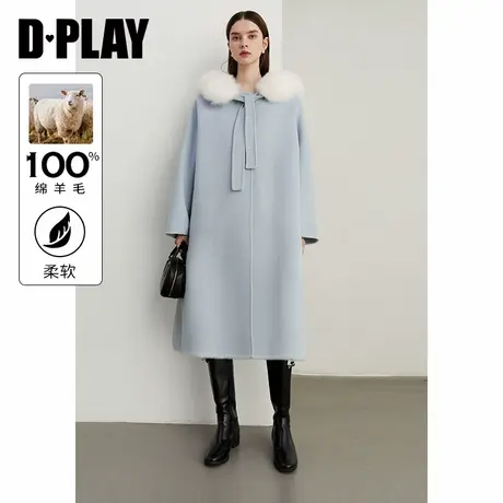DPLAY年冬蓝色100羊毛双面毛呢外套狐狸毛毛领呢子大衣女商品大图