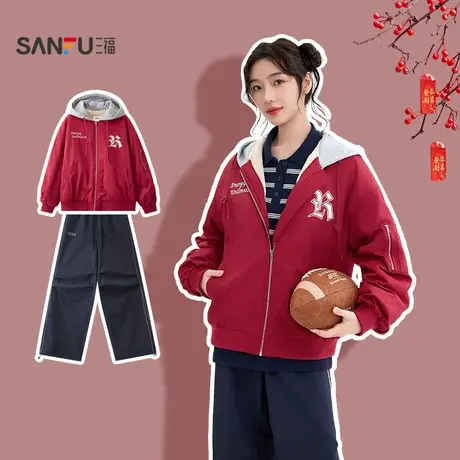 三福厚外套2025新款春季连帽拼色撞色设计感保暖红上衣女装494490商品大图