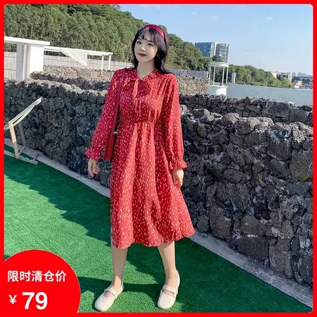 2023秋装新款大码胖MM显瘦红色碎花连衣裙雪纺荷叶长袖过膝中长款商品大图