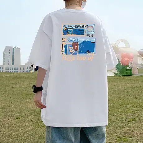 纯棉短袖T恤男夏季2025新款高街潮牌半袖美式休闲宽松圆领体恤衫商品大图