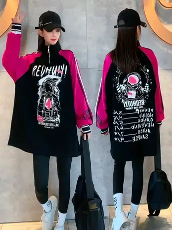 欧洲站半拉链套头拼色印花卫衣女2023春季新款宽松遮肉休闲上衣潮商品大图