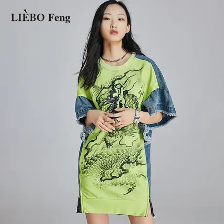 裂帛LIEBOFeng2023年秋新小众设计感撞色龙纹刺绣牛仔短袖连衣裙图片