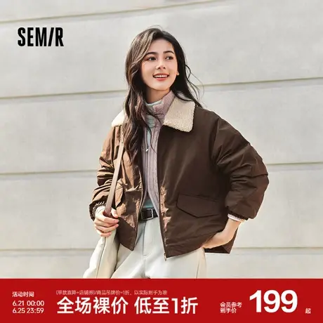 森马外套女oversize插肩袖仿羊羔毛毛领冬季2024新款夹棉夹克复古图片