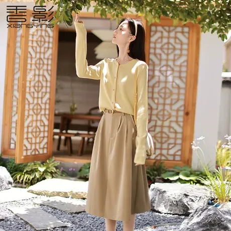 香影慵懒风针织开衫女2023秋季新款黄色上衣圆领软糯薄款毛衣外搭图片