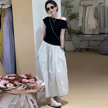 韩系撞色掐腰假两件斜肩连衣裙女夏季高级感收腰显瘦气质a字长裙图片