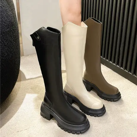 不过膝长筒靴女2023年秋季新款洋气百搭机车靴粗跟厚底圆头骑士靴商品大图