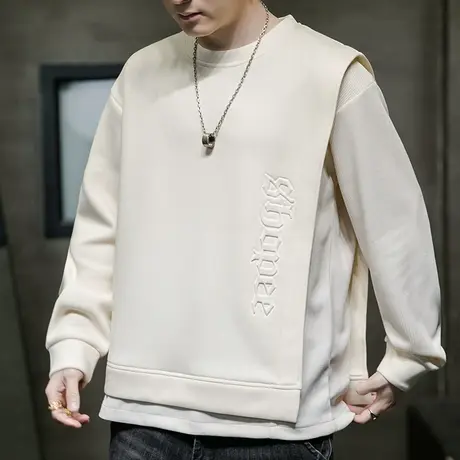 重磅假两件卫衣男圆领春秋款潮牌个性叠穿长袖t恤男宽松休闲外套商品大图