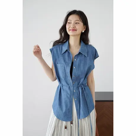 嘉茱莉设计感无袖牛仔衬衫女2025夏季新款百搭简约气质通勤上衣图片