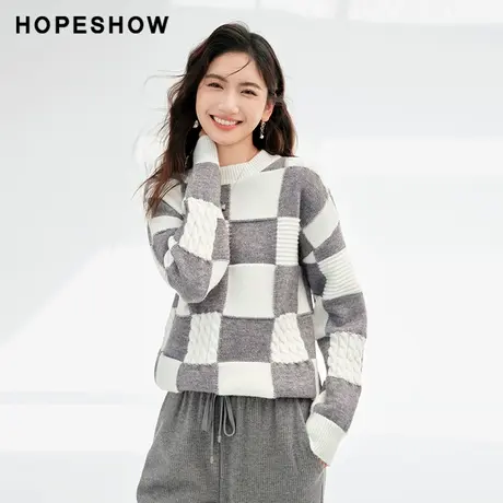 红袖outlets慵懒风复古棋盘格毛衣hopeshow2023冬落肩宽松针织衫图片
