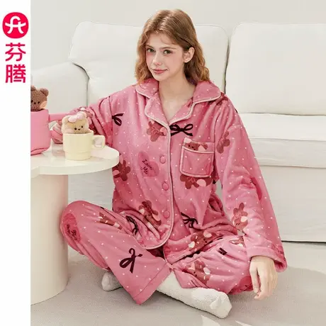 芬腾睡衣女士秋冬季加厚珊瑚绒套装布朗熊女款宽松加绒大码家居服商品大图
